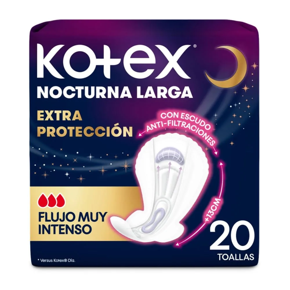 Toallas Nocturnas Largas Kotex Extra Protección – 20 Unidades